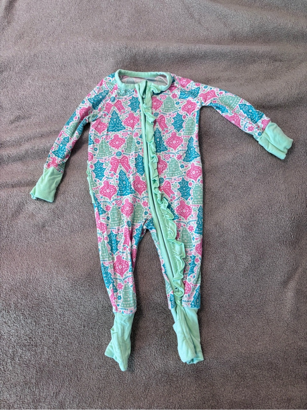 Girls' Mint & Pink Ruffle Front Holiday Footed Pajamas